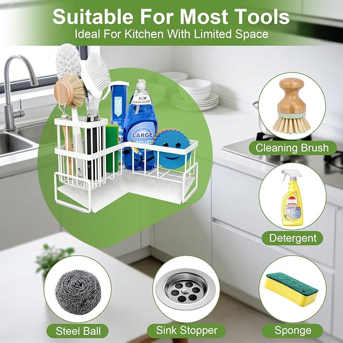Fikoksol Large Sponge Holder for Kitchen Sink, 90-Degree Sink Caddy Storage | Self Draining Sponge Rack for Countertop, Metal L-Shaped Dish Soap Organizer with Brush Holder, Corner Sink Storage Ideas - Image 3