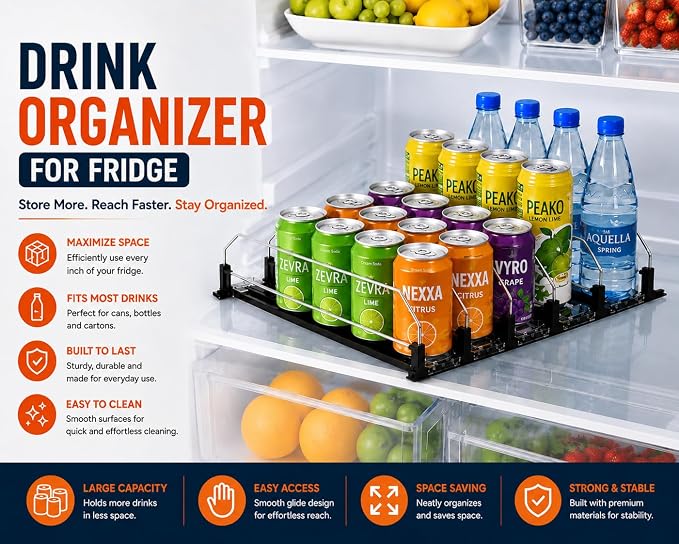 Drink Organizer for Fridge with Cleaning Brush, Soda Can Dispenser for Refrigerator, Automatic Drink Dispenser for Fridge Holds up to 25 Cans, 5 Row Adjustable Organizer with Smooth Pusher Glide Black - Image 2