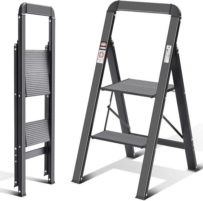 KINGRACK Aluminium 2 Step Ladder, Lightweight Step Stool with Non-Slip Pedals, Handrail, 330LBS Foldable Step Ladder for Kitchen, Garage, Home, Space Saving, Sturdy and Portable, Black by KINGRACK