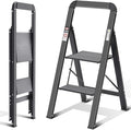 KINGRACK Aluminium 2 Step Ladder, Lightweight Step Stool with Non-Slip Pedals, Handrail, 330LBS Foldable Step Ladder for Kitchen, Garage, Home, Space Saving, Sturdy and Portable, Black by KINGRACK