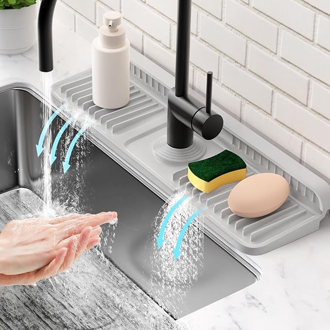 17.7'' Folding Faucet Mat for Kitchen Sink Splash Guard[7° Slope Fast Self-draining][Snap Lock Fit] Kitchen Sink Faucet Mat Splash Guard Kitchen Sink Area Water Splash Guard Behind Faucet Draining Mat by Snoquir