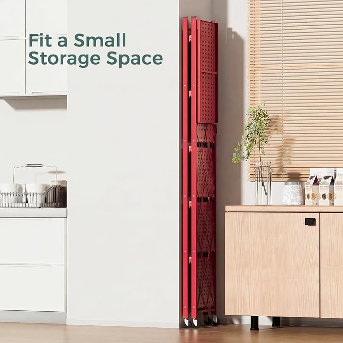 DEANIC 6-Shelf Folding Bookcase with Wheels, Heavy Duty Storage Shelves, Freestanding Metal Wire Shelving Unit for Living Room, Office, Kitchen, Basement, Pantry (Red) - Image 4