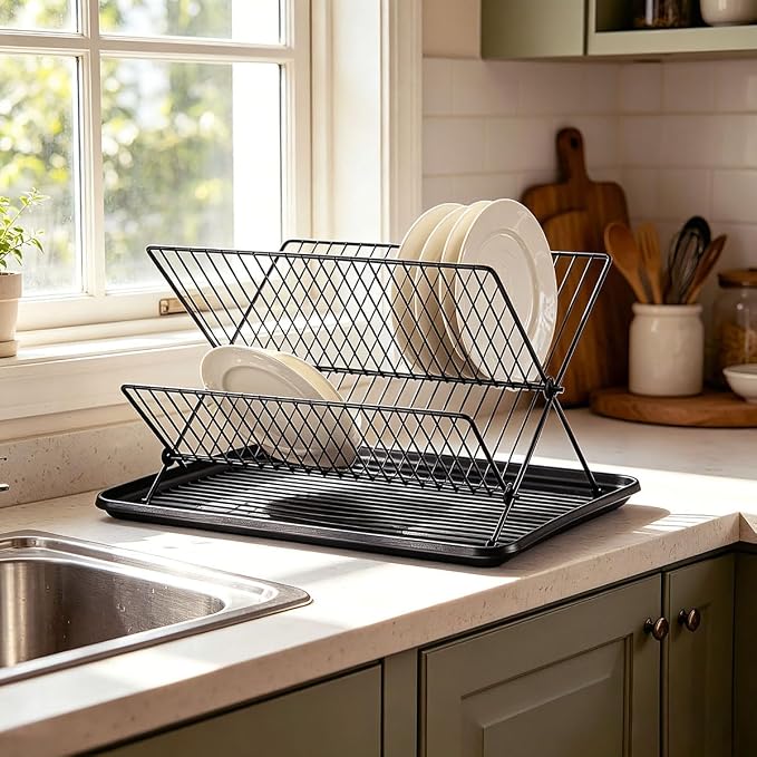 Black Foldable Double-Tier Dish Rack Large-Capacity Expandable Dish Rack, Rust-Proof Dish Rack, Draining Tray Suitable for Kitchen Worktops (Black) - Image 7