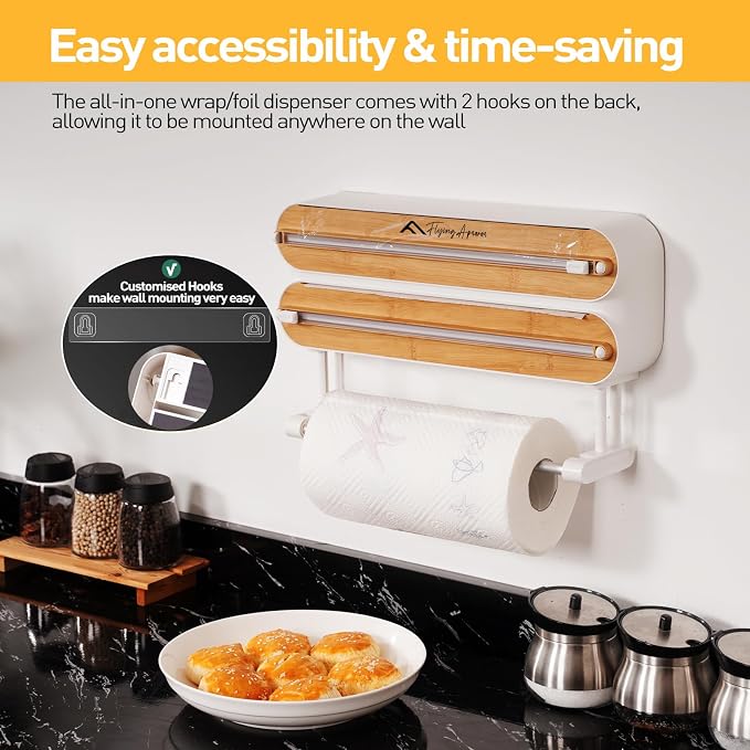 APSARAS USA Magnetic Plastic Wrap Dispenser with Cutter, 3 in 1 Aluminum Foil wrap Organizer, Practical Refillable Cling Wrap Film Cutter, Wall Mount Kitchen Wrap Dispenser, Include 2 * 12" Rolls - Image 4