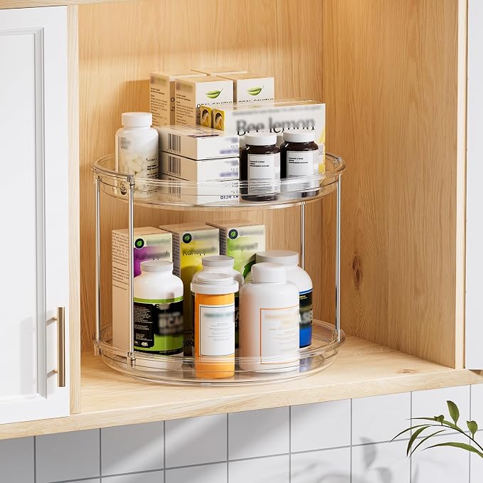 LAMU 3 Pack 2 Tier Lazy Susan Turntable Organizer 9.25'' Rotating Spice Rack Organization for Cabinet, Kitchen, Pantry, Countertop, Bathroom, Vanity, Medicine Cabinet Organizer, Clear - Image 4