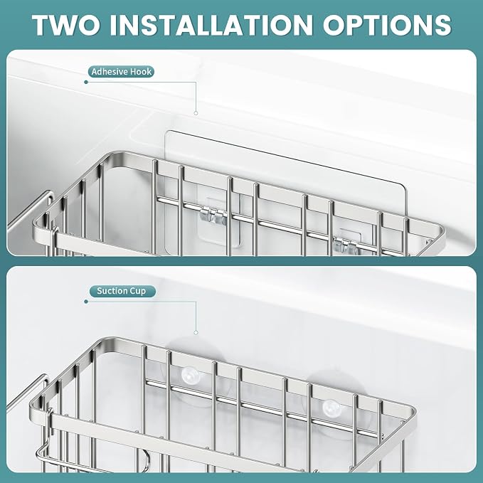 4-in-1 Sponge Holder for Kitchen Sink, Sink Caddy Organizers, Silver | Rustproof, Adhesive hook, Suction cups, Kithen Countertop Organizers and Storage - Image 4