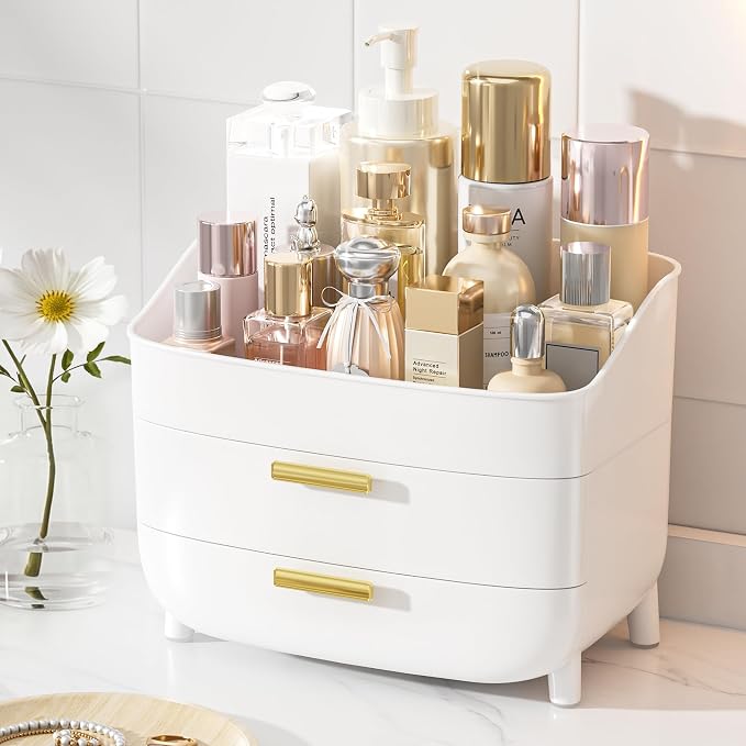 Vtopmart 3-Tier Skincare Makeup Organizer with Drawers, White | For Vanity,Dresser and Bathroom Countertop, Large Cosmetic Storage Box Case, , With Drawer, Non-Slip Base by Vtopmart