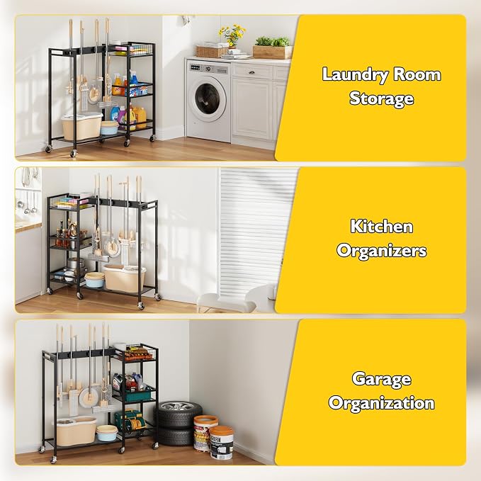 Broom Holder with Cleaning Supplies Organizer, Movable Broom Closet Storage Cabinet with Cleaning Caddy, Cleaning Cart with Mop Rack, Janitorial Housekeeping Cart on Wheels, Laundry Room Organization - Image 8