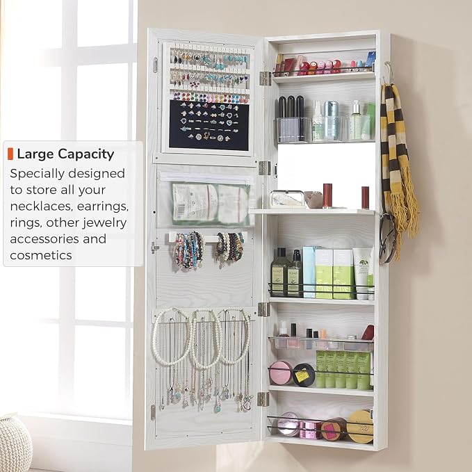 GISSAR Jewelry Mirror Armoire Wall Mount Over The Door Mirror Jewelry Cabinet Storage Mirror Organizer Lockable Full Length Door Mirror(White Oak) - Image 3