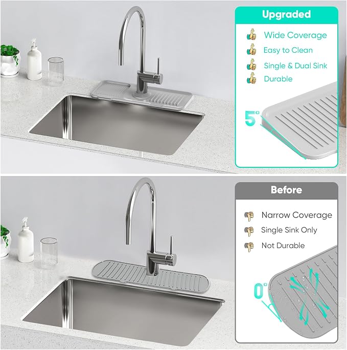 14.6'' Faucet Mat for Kitchen Sink [5°Slope Fast Self-draining] Kitchen Sink Splash Guard Silicone Kitchen Sink Faucet Mat Splash Guard for Kitchen Sink Area Faucet Guard Draining Mat Light Gray - Image 6