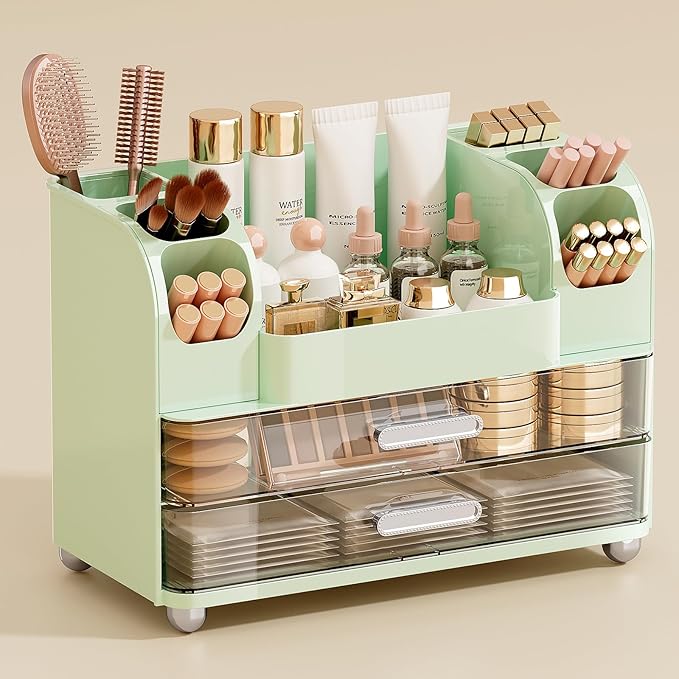 UFORU Makeup Organizer Countertop with 2 Large Drawers for Vanity Bathroom | Brush Holder, Large Capacity, Thickened Plastic, Compact Footprint, Space-Saving Design, Easy Clean, Ideal for Dorm Rooms by UFORU