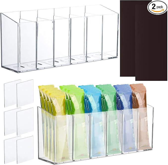 2 Pcs Acrylic Drink Packet Organizer, Water Drink Packet Holder Water Flavor Packet Storage Container with Removable Divider Wall Mount Drink Storage Bins for Table Refrigerator Cabinets Pantry by HFYZZ