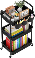 MOYIPIN 3-Tier Plastic Rolling Utility Cart with Handle,Utility Storage Cart for Office, Living Room, Kitchen,Movable Storage Organizer Shelves,Black with 3 Hanging Cups by MOYIPIN