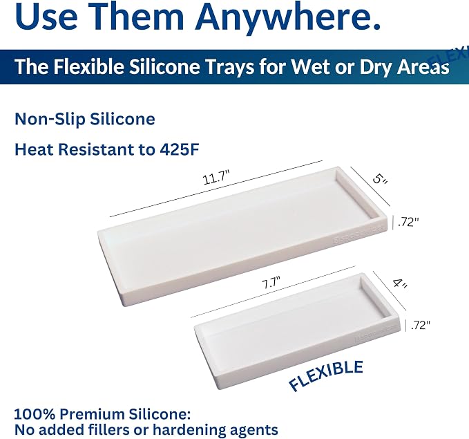 Countertop & Vanity Silicone Tray – 2 PC (11.7" & 7.7") Set | Bathroom Tray & Kitchen Soap Tray Set, Bathroom Counter Tray, Kitchen Sink Dish Soap Tray for Countertop Organization - Image 3