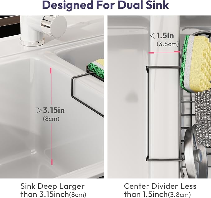 SWTYMIKI Sponge Holder for Kitchen Sink - Movable Kitchen Sink Caddy with M Shape Hook Stainless Steel Hanging Sponges Caddy Organizer in Double Bowl Sinks Depth>3.15in, Middle Divider<1.5in, Black L - Image 2