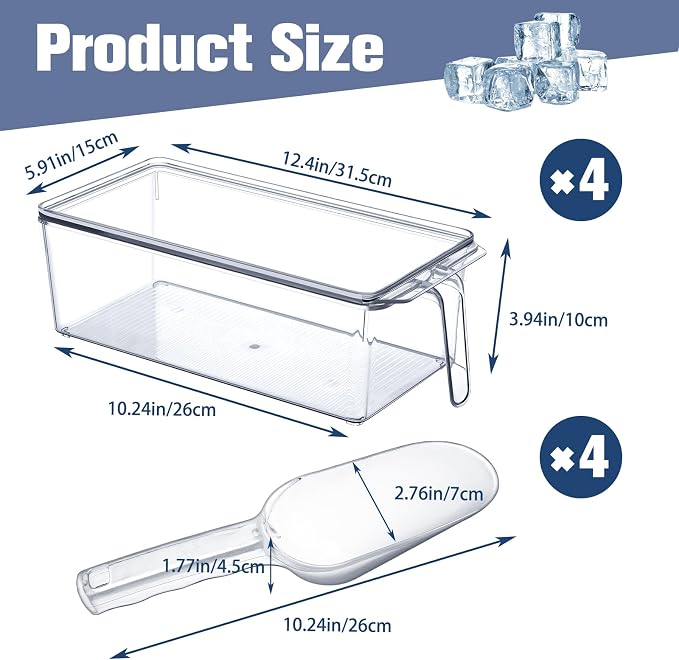 4 Sets Ice Storage Bin for Freezer,12.4 x 5.91 x 3.94 Inches | Plastic Ice Container with Flexible Scoop Lid and Handle for Home Office Fridge Storage - Image 2