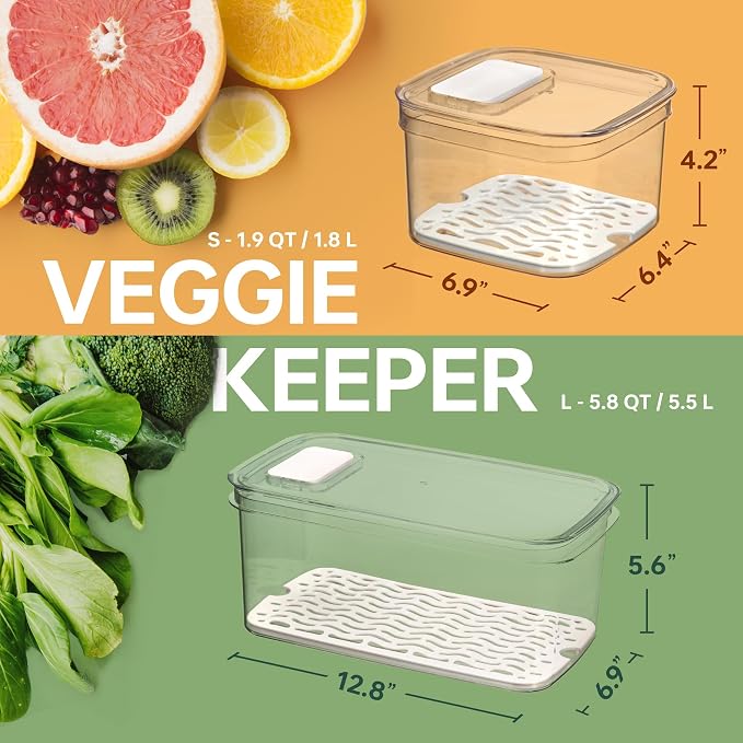 Felli Duo Fresh Veggie Keeper for Fridge with Vent & Drain Trays, LARGE Fruit Vegetable Storage Container for LONG Produce Veggie, Cabbage Celery Lettuce Asparagus Zucchini Saver for Refrigerator - Image 4