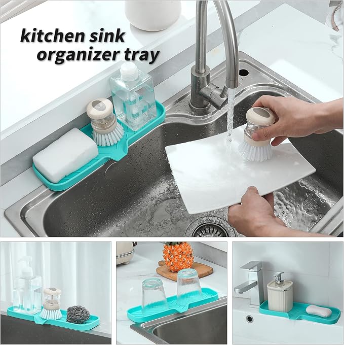 MicoYang Silicone Soap Dish with Drain Spout — Self-Draining Double Sink Organizer Tray for Kitchen & Bathroom, Dispensers, Sponges & Soap Holder, Non-Slip & Dishwasher Safe, Mint (Large, 12"×4") - Image 5
