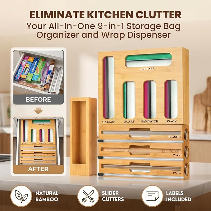 9 in 1 Storage Bag Organizer for Kitchen Drawer, Bamboo Foil and Plastic Wrap with Cutter, Ziplock Bag Organizer for Quart, Gallon, Sandwich & Snack Bags - Aluminum Foil Organizer - Image 3