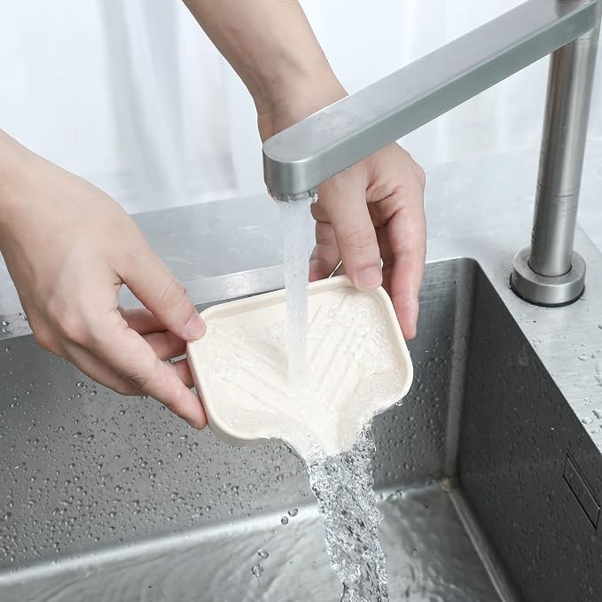 MicoYang Silicone Soap Dish with Drain Spout, Self-Draining Sink Organizer Tray for Bathroom and Kitchen, Sponges, Dispensers and Soap Holder, Non-Slip & Dishwasher Safe, Tapioca (Compact, 4.9"×3.2") - Image 9