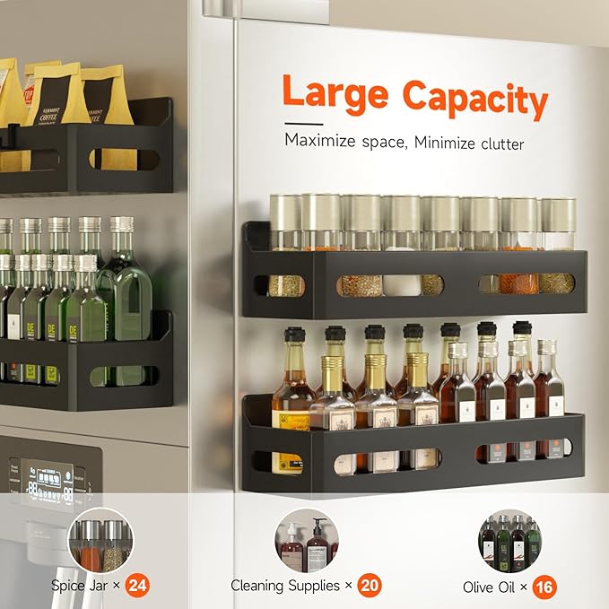 2-Pack Magnetic Spice Rack for Refrigerator with Hooks, Black | Strong multipurpose magnetic shelf for kitchen & bathroom organization. Includes 4 removable hooks for hanging items. - Image 4