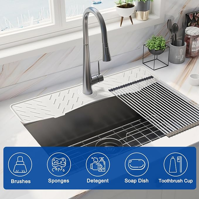 Faucet Mat for Kitchen Sink – 24” x 5.1” Extra-Long Silicone Splash Guard with 10° Slope & Upgraded Drainage – Gen 3 Sink Water Catcher & Sponge Holder for Kitchen, Bathroom (White) - Image 4