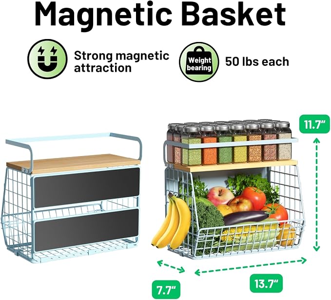 Magnetic Shelf for Fridge with Wood Lid, Fruit Potato and Onion Storage Bins, Pantry Organizers & Storage, Large Container Magnetic Spice Rack for Refrigerator, Kitchen Counter, Cabinet (Blue, 1) - Image 5