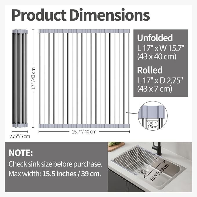 Roll Up Dish Drying Rack for Sink, Over Sink Dish Rack 17 x 15.7 Inch, Silicone Stainless Steel Dish Drainer for Kitchen Counter, BPA Free Utensil Drying Rack, Gray - Image 2