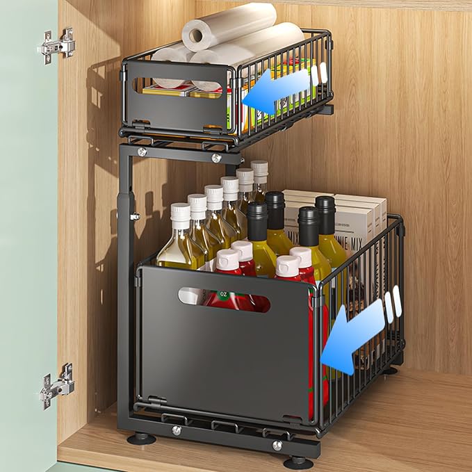 Under Sink Organizer, 2-Tier Multi-Use Kitchen and Bathroom Organizers and Storage, Slide Out Thickened Metal Under The Sink Organizer for Kitchen Bathroom Pantry (Style B Black, 1 Pack) by Unknown