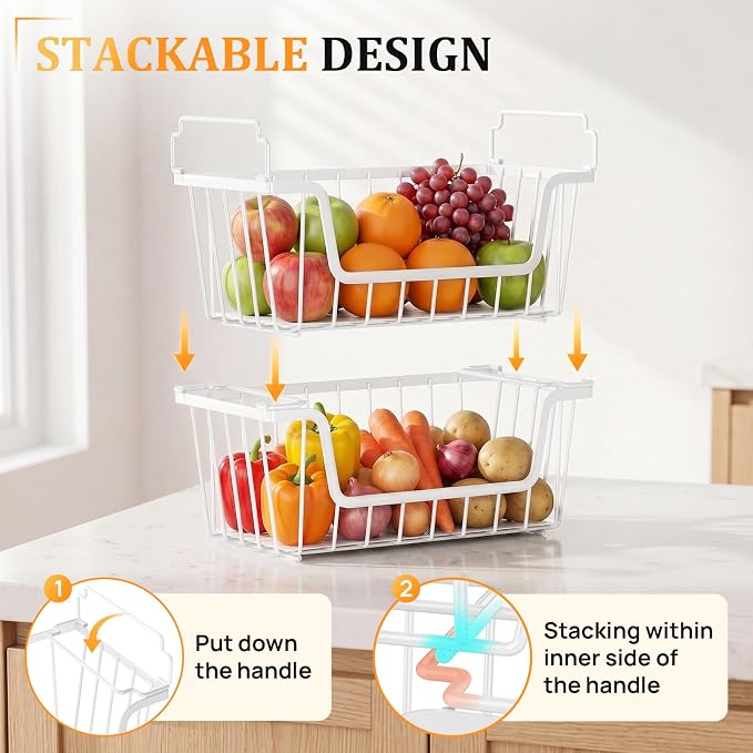 SUNALLY Stackable Storage Bins 4 Pcs Wire Baskets Freezer Organizer, White | Pantry Organizers Storage, Vegetable Fruit Storage Basket for Countertop, Kitchen Baskets for Onion Potato Snack Cans Storage - Image 5