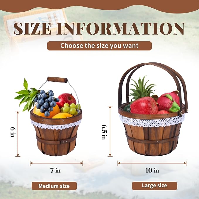 Wooden Baskets 7" x 6", 10 Pack Brown Apple Harvest Baskets | Round Handled Baskets Hold Produce, Flowers, Easter Eggs Or Favors for Farms, Markets, Weddings, Parties and Decor - Image 7