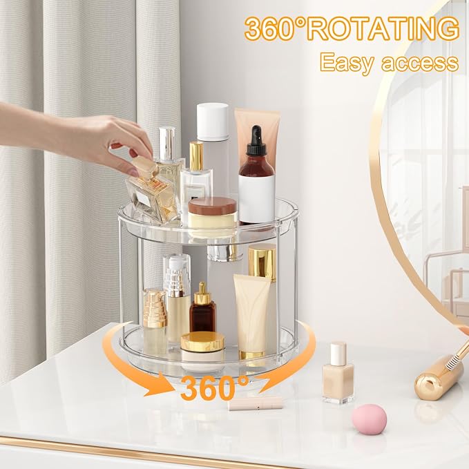 360 Rotating Makeup Organizer, 2 Tier Skincare & Perfume Holder for Bathroom Counter, Clear Spinning Vanity Tray, Lazy Susan Turntable Organizer for Dresser, Kitchen Cabinet - Image 2