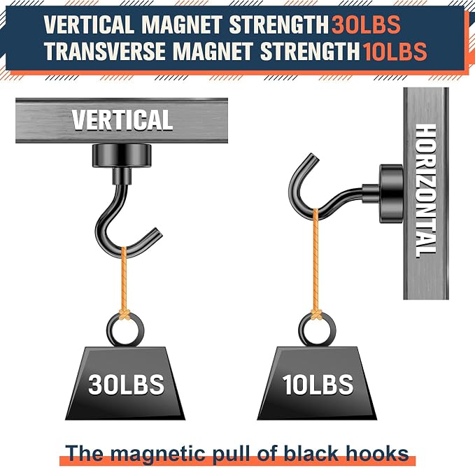 FINDMAG Black Magnetic Hooks for Cruise Cabins, 10 Pack 30LB+ Magnet Hooks | Heavy Duty Magnetic Hooks for Fridge, Classroom, Kitchen, Grills, Office, Locker, Metal Hooks for Cruise Ship Walls - Image 8