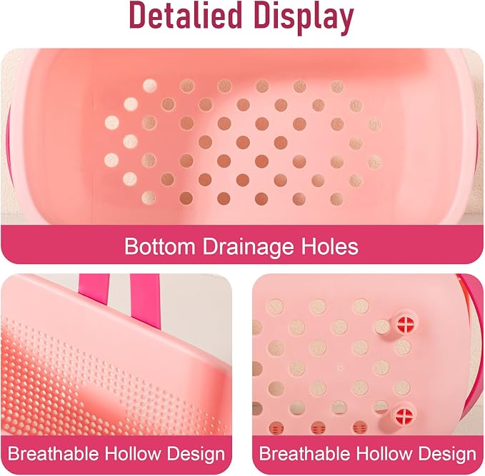 Portable Shower Caddy Basket with Handles Plastic Storage Basket Light Pink | Sturdy Drainage Large Capacity Organizer Basket with Silicone Handles for Bathroom Kitchen Bedroom College Dorm Essentials - Image 4