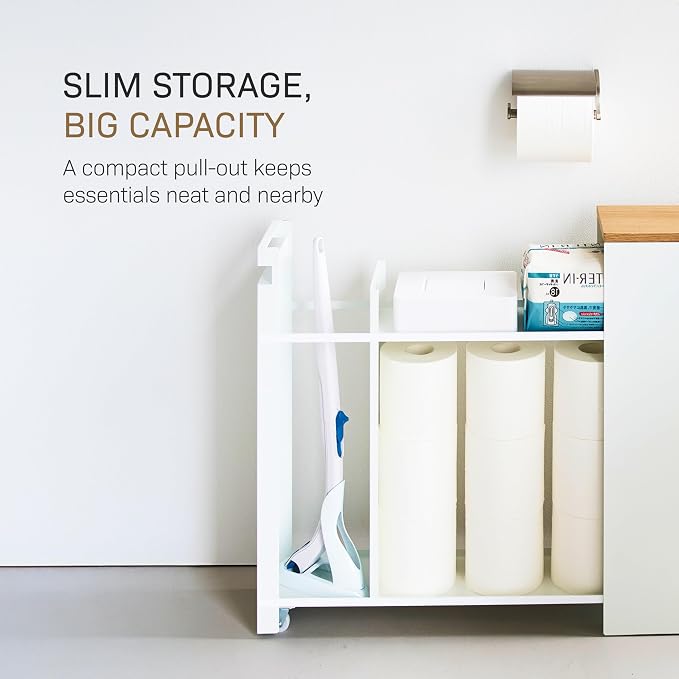 Yamazaki Home Pull-Out Bathroom Storage Cabinet with Wood Top, White | Slim space-saving bathroom storage cabinet with a natural wood top. Clever pull-out design. Holds 12 rolls of toilet paper. - Image 4