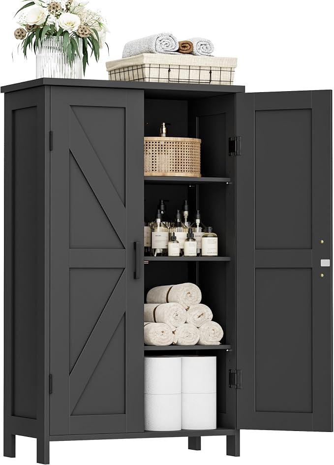 Homleke 43.3" H Farmhouse Bathroom Storage Cabinet with Adjustable Shelves | Freestanding Storage Cabinet with Barn Doors for Bathroom, Kitchen, Living Room, Dining Room & Entryway, Black by Homleke