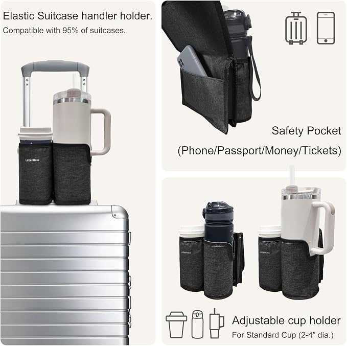 2 in 1 Luggage Cup Holder for Suitcase Airplane Drink Carrier Travel Black | Airplane cup holder|for stanley cup|Hands Free|Coffee Beverage Organizer Gifts for Travelers - Image 3