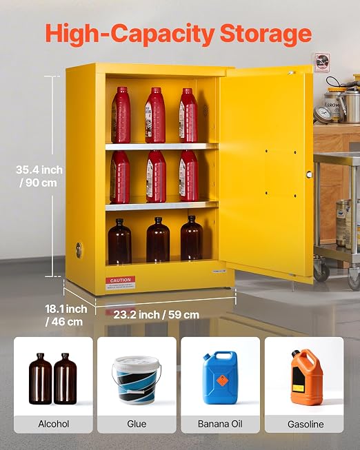 VEVOR Flammable Cabinet, 23.2 x 18.1 x 35.4 Inch, 13 Gallon Flammable Storage Cabinet with Adjustable Shelf, Cold-Rolled and Galvanized Steel Fire Cabinets, for Commercial Industrial Home Use, Yellow - Image 3