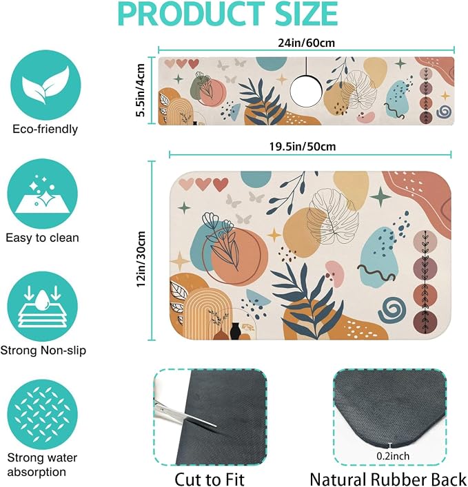 Dish Drying Mat for Kitchen Counter Matt, 2PCS 19"x12" Dish Drainer Mat & 24"x5.5" Sink Splash Guard, Super Absorbent Non-slip Rubber Backed - Image 2