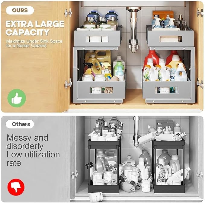Under Sink Organizer, 2-Tier Dual Pull Out Cabinet Organizer Drawers With Smooth Circular Rail,Large Capacity Metal Mesh Sliding Shelves For Bathroom& Kitchen Storage,Height Adjustable–Gun Gray,1 Pack - Image 8