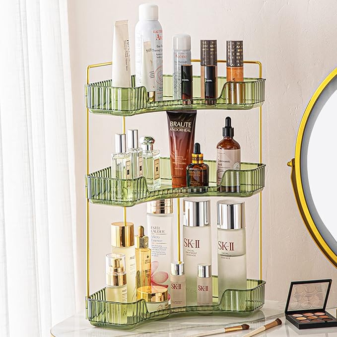 3-Tier Corner Bathroom Counter Organizer – Classic Storage Shelf for Makeup, Perfume & Toiletries, Space-Saving Countertop Tray Fits Bathroom, Dresser, Kitchen (Sage Green) by SHUANGQING