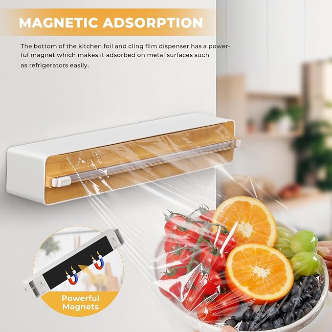 Magnetic Plastic Wrap Dispenser with Cutter - Quasziwa Upgrade Practical Refillable Cling Wrap Aluminum Tin Foil Organizer for Drawer, Include an Extra Roll of 12"X 164' Food Cling Film - Wood Grain - Image 3