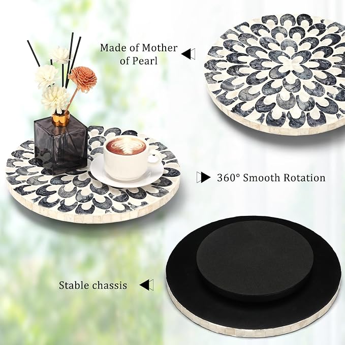 Reallnaive Mother of Pearl Lazy Susan for Table Turntable Organizer Marble Patterned Lazy Susan Wood Spinning Tray Rotating for Kitchen Cabinet Spice Pantry 12 Inch(Round,Floral) - Image 4