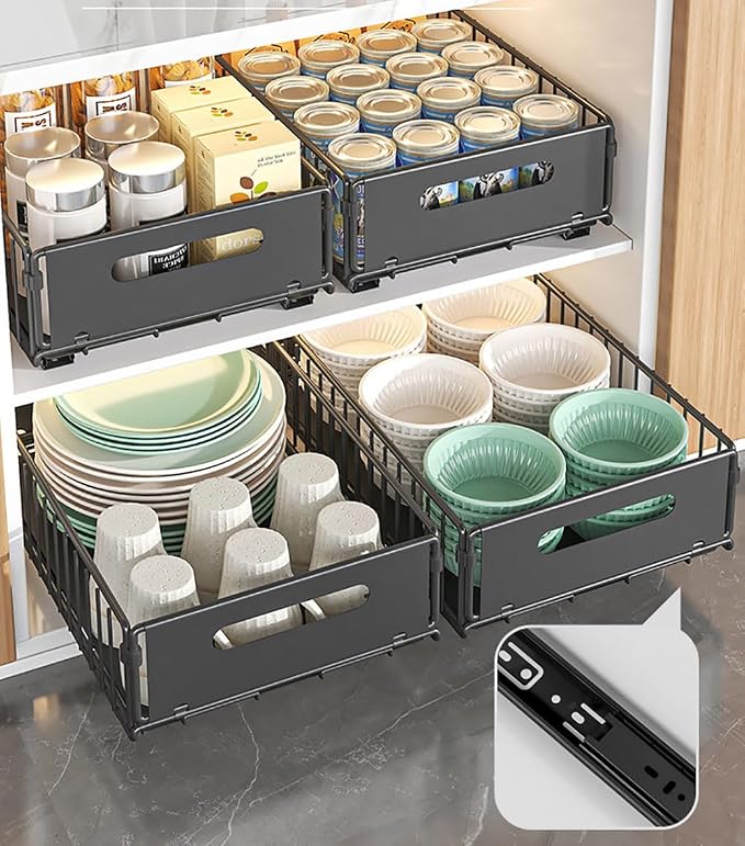 YunNasi Pull Out Cabinet Organizer, Black, 2Piece 9.8" W X15 D X3.9 H | Slide Out Drawer Storage Shelves, Cupboard Organiser, Sliding Cabinet Basket for Kitchen, No Drilling and Nailing - Image 4