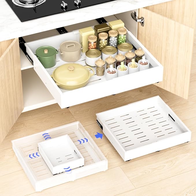 Dayacoco 2Pcs Dayacoco Pull Out Cabinet Organizer, Expandable Width (11.4"-19.4") and Depth (16.7"-21.4") With 3 Rails, Slide out Drawers for Kitchen Base Cabinet Organization, No Drill, White - Image 8