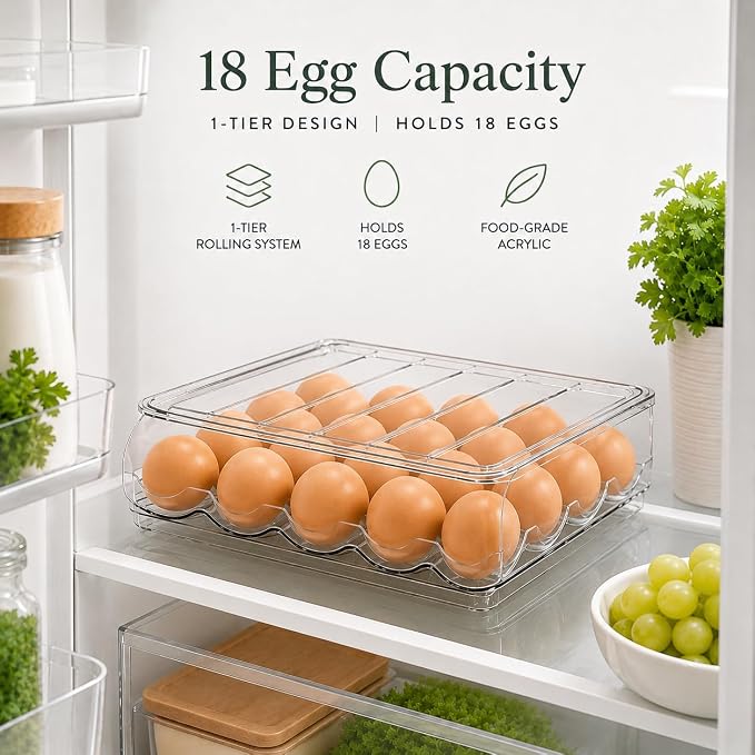 18 Egg Storage For Refrigerator, Egg Dispenser For Refrigerator, Automatic Rolling Egg Holder For Fridge, BPA-Free Clear Egg Tray. - Image 2