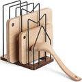 5 Slot Cutting Board Holder for Counter, Black Metal Kitchen Cabinet Organizer with Rustic Brown Wooden Base, Kitchen Countertop Pots Pan Lids Rack Organizer (1 Pc) by Ferrochef