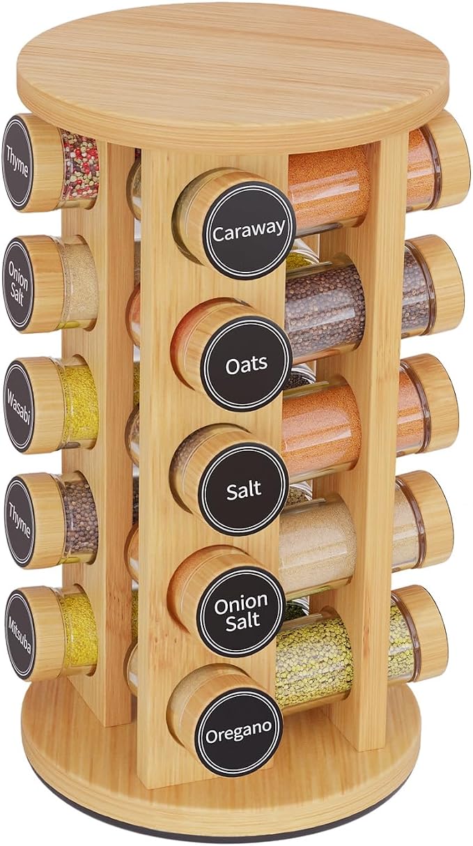 Revolving Spice Rack Set with 20 Spice Jars, Kitchen Spice Tower Organizer for Countertop or Cabinet - Carousel Storage Includes 386 Spice Labels (Bamboo) by NewEnglandStories
