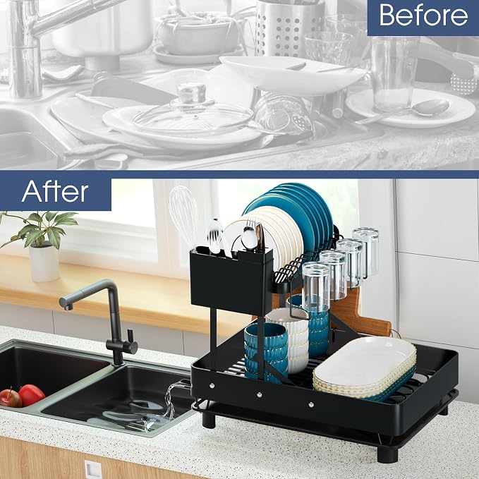 Dish Drying Rack for Kitchen Counter, Stainless Steel 2 Tier Dish Rack w Drainboard, Foldable 360° Rotatable & Expandable Drainer, Space-Saving Dish Strainers for Kitchenware - Image 4