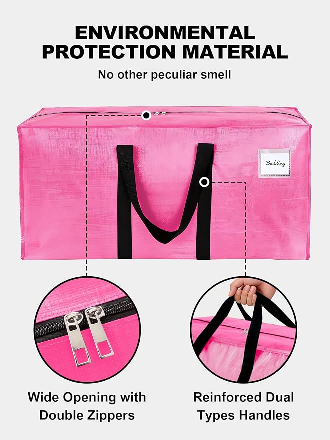 HOMESURE Supports 200lbs Heavy Duty Moving Bags - Strong Zipper & Wrap-Around Handles - Water-Resistant Storage Totes, Durable Alternative to Moving Boxes - 12 Pack - Pink - Image 7